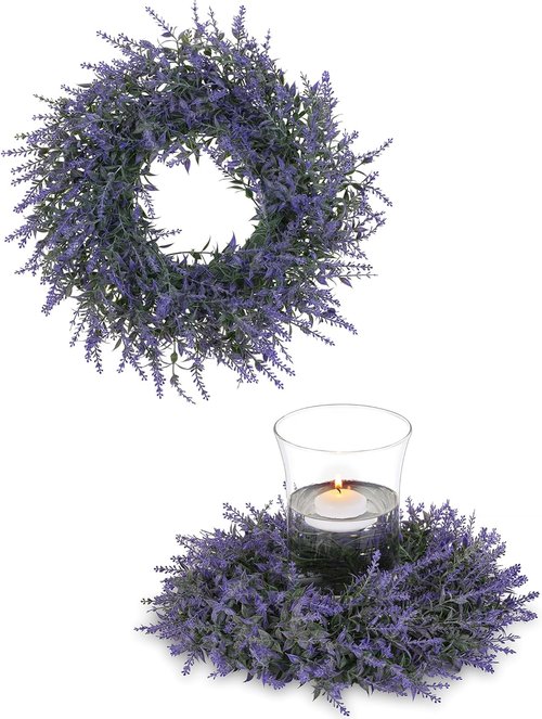 BLOSMON Lavender Centerpieces Wreath - 2pcs 13-Inch Purple Artificial Flower Candle Rings for Wedding Decor