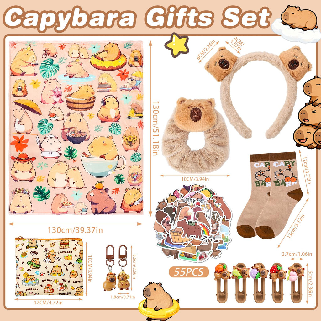 Ovveroche Capybara Gift Set for Girls Cozy Plush Blanket 2 Keychains 55 Stickers Socks Hair Clips Headband Coin Purse Cute Birthday