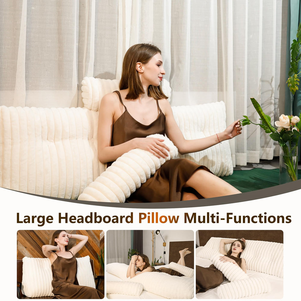 Wellty Care Luxury Faux Fur Headboard Pillow Twin Size - Triangular Wedge Cushion for Bed & Sofa, Fluffy Reading Backrest Bolster with Detachable Neck Roll, Washable Cover & Side Pocket, Ivory