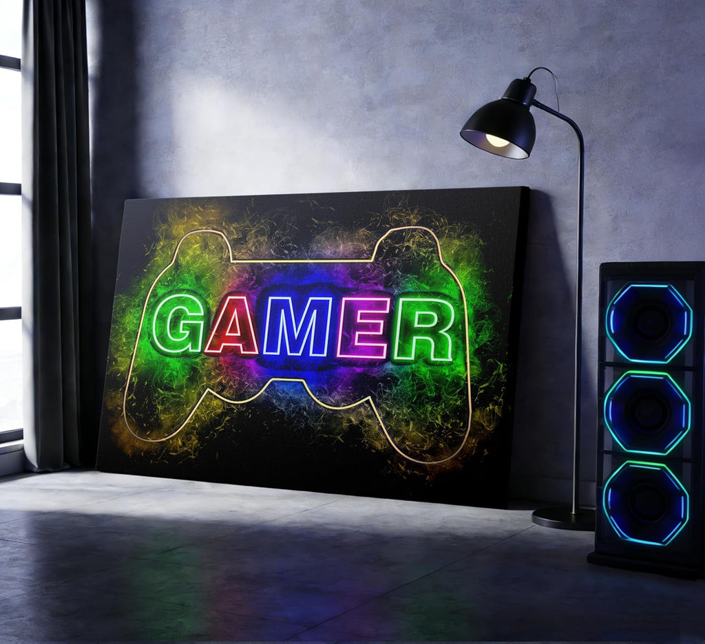 Skiennix Cool Gaming Canvas Wall Art - Colorful Neon Gamepad Poster Print for Teen Boys Room | 12 x 16 Inch