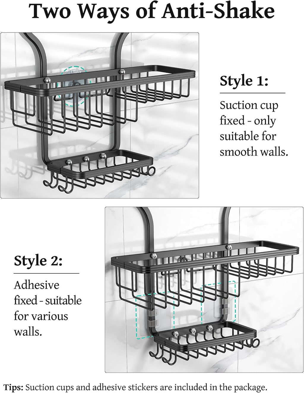 YASONIC Shower Caddy - Durable Aluminum Over Shower Head Organizer with 10 Hooks & Soap Basket - Black