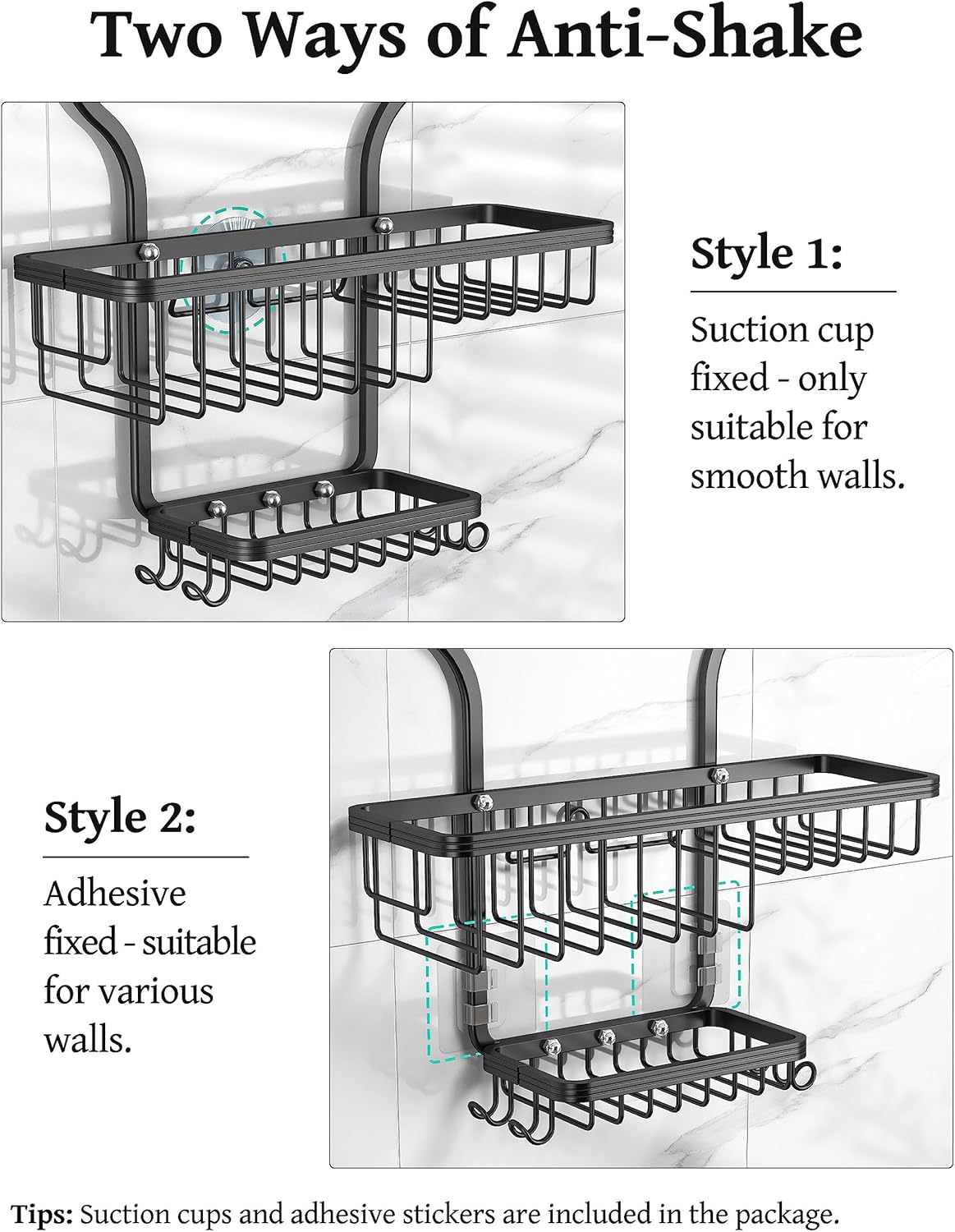 YASONIC Shower Caddy - Durable Aluminum Over Shower Head Organizer with 10 Hooks & Soap Basket - Black