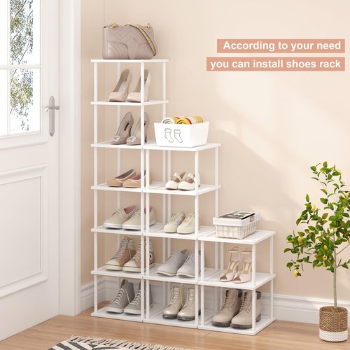 Vertical Tall Shoe Rack Organizer for Entryway -7 Tier Free Standing Slim Narrow Bamboo Wood Corner Stackable Shoe Boots Storage Stand Small Spaces for Closet Garage Cloakroom Living Room (White)