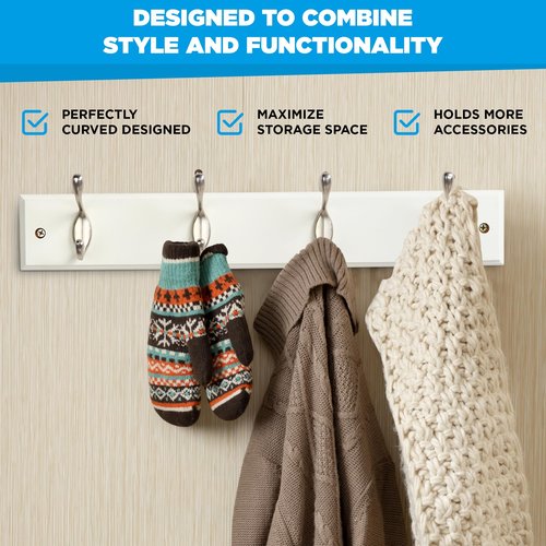 GlazieVault Coat Hooks Wall Mounted - MDF Board Nickel Hook Coat Rack(2 Pack) - Heavy Duty White -Coat Hooks for Wall Clothes Hooks and Wall Hooks