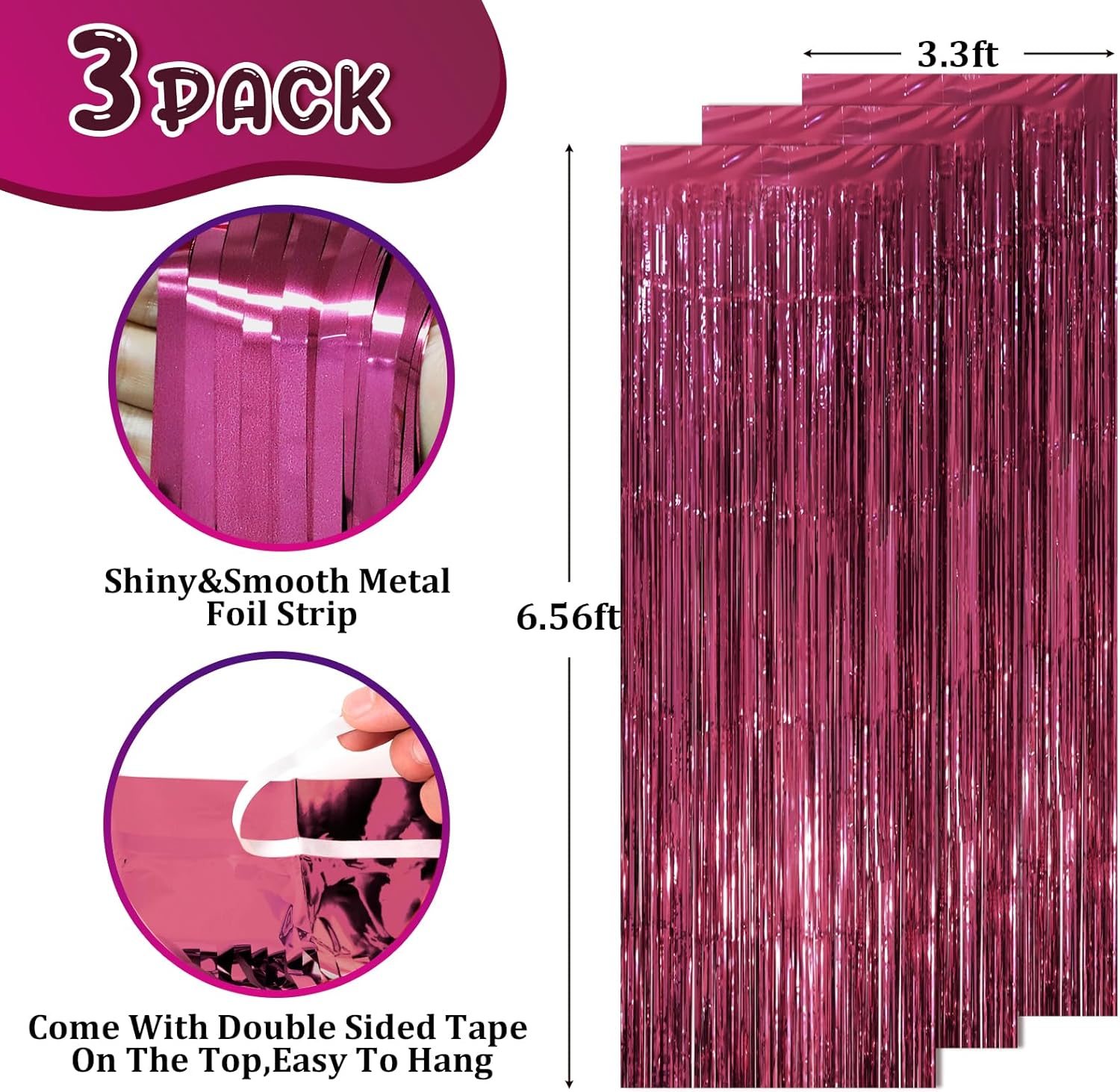Voircoloria Foil Fringe Backdrop Curtains - 3 Pack Burgundy Tinsel Streamers for Graduation & Retro Parties