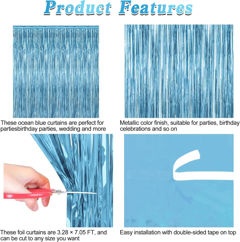 Skiennix 2 Pack Fringe Backdrop - Metallic Ocean Blue Foil Curtains | 3.28 FT x 7.05 FT Birthday & Bachelorette Party Decor