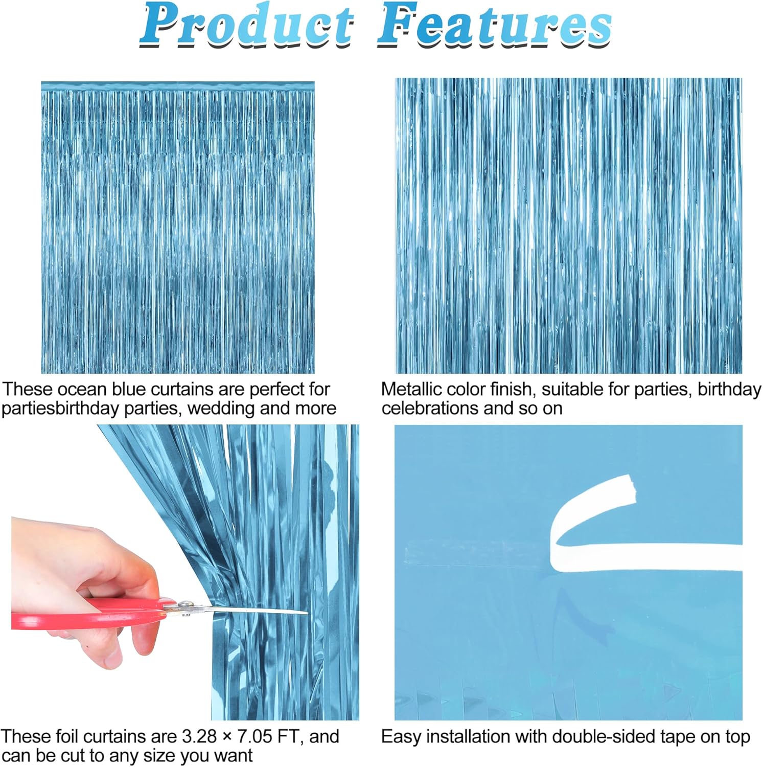 Skiennix 2 Pack Fringe Backdrop - Metallic Ocean Blue Foil Curtains | 3.28 FT x 7.05 FT Birthday & Bachelorette Party Decor