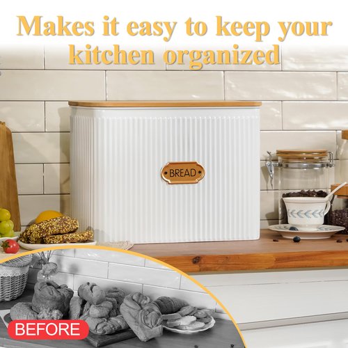 HOME PALETTE Extra Large Bread Box for Kitchen Countertop Corner Breadbox for Homemade Bread Metal White Vertical Stripe Pattern Embossed Storage Container Bin with Bamboo Lid Fits 2 Loaves of Bread