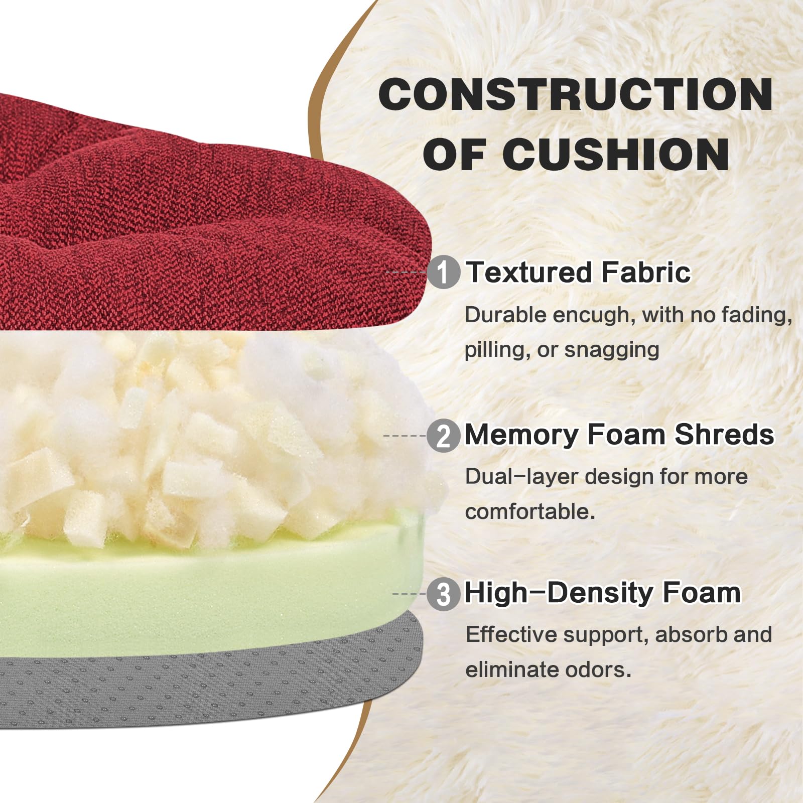 baibu Dining Chair Cushions Set of 4, Dual-Layer Patented Design Memory Foam Windsor Seat Pads, Kitchen Chair Cushions with Ties & Textured Cover, 17x 15.5 x 3.5in, 4 Pack, Red