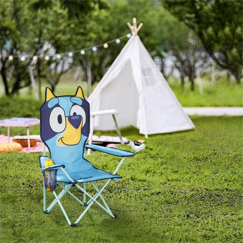 Bluey Kids Folding Camp Chair, Portable Outdoor/Indoor Chair with Carry Bag, Cup Holder, High Back, Lightweight & Durable for Ages 3+