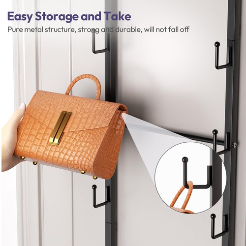 SWTYMIKI Over The Door Purse Organizer - Wall Mounted Purse Rack with 16 Hooks and Metal Basket, Handbag Hanger Organizer Holds up to 16 Bags, Bag Rack Can Use As 1/2 Part, for Door, Closet