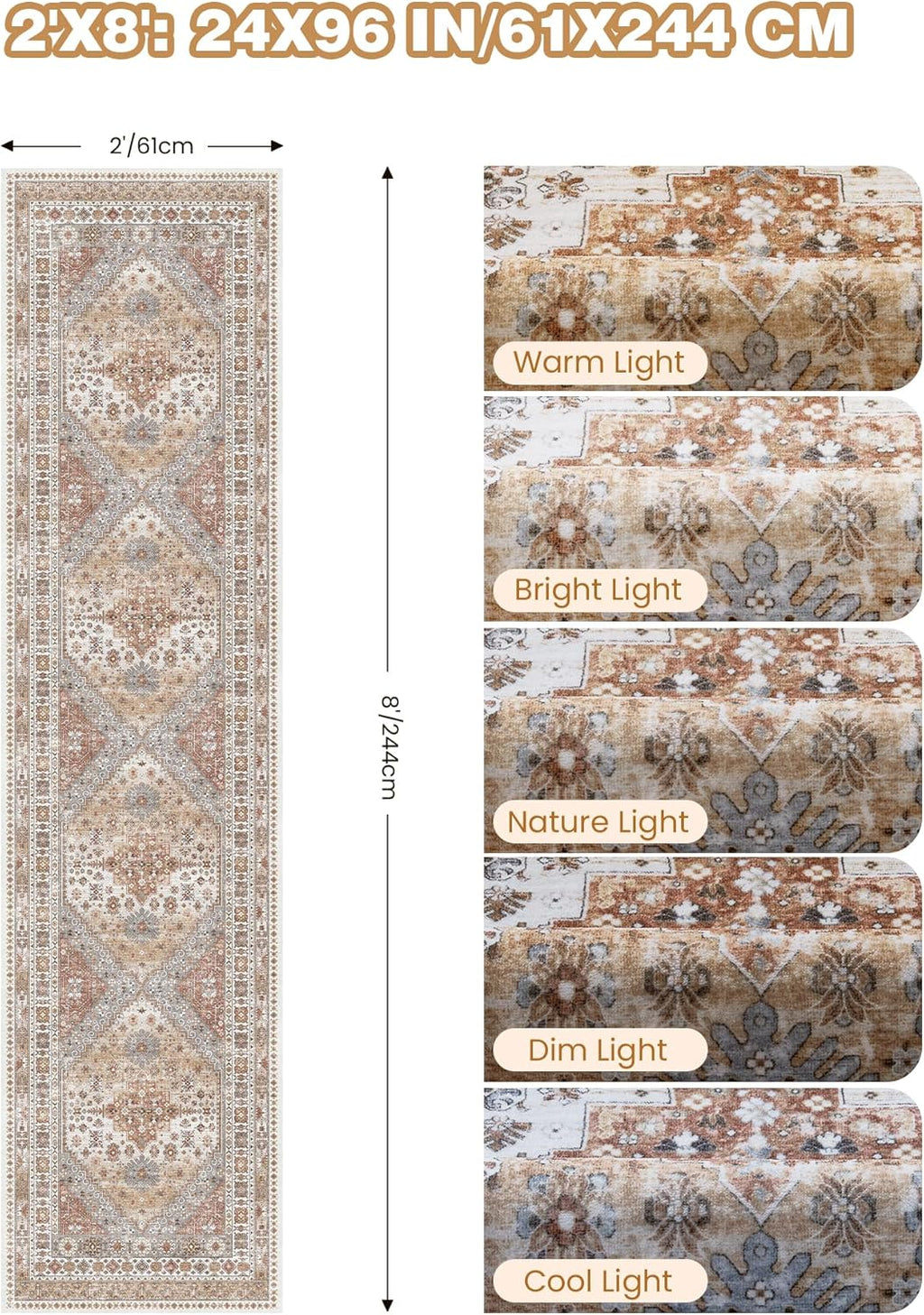 Skiennix Runner Rug - Vintage Non-Slip Washable Hallway Runner | Soft Low Pile 2'x8' Orange