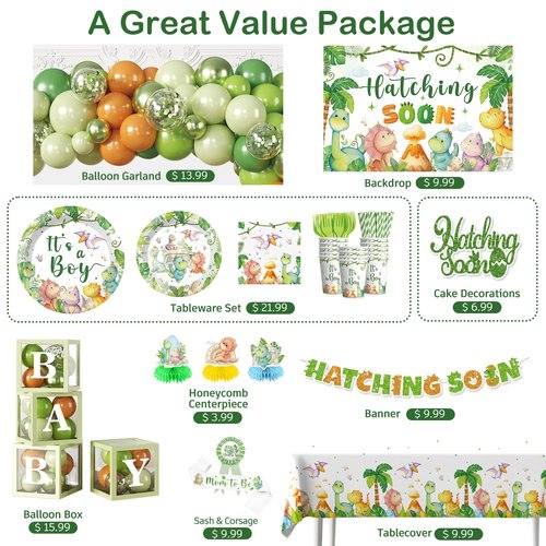 cocomigo 280PCS Dinosaur Baby Shower Decorations, 25 Dinosaur Theme Tableware, Includes It's A Boy Plates and Napkins, Backdrop, Balloon Kit for Hatching Soon Baby Shower Decorations