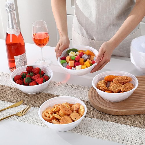 Newtay 100 Pack 32oz White Disposable Plastic Bowls Plastic Salad Bowls Large Stackable Serving Soup Dinnerware for Birthdays, Weddings, Parties, Festivals