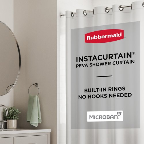 Rubbermaid White No Hook 3-in-1 Shower Curtain, Heavyweight Waterproof PEVA Instacurtain for Bathroom with Magnets and Charcoal Gray Built-in Rustproof Rings, 71” x 74”, White
