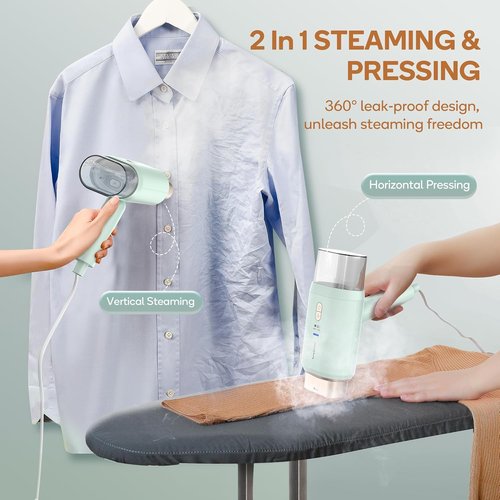 Newbealer Travel Steamer for Clothes - Dual Voltage 100-240V, 1200W, Quick 20s Heat-Up, Foldable, 180ml (Green)