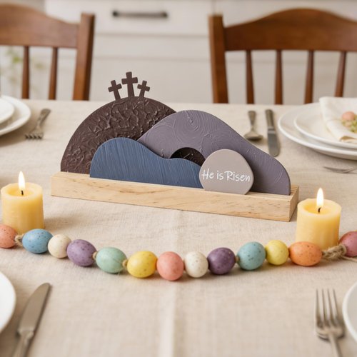 AOMOONOA Easter Empty Tomb Decor Set, He is Risen Resurrection Scene with Wooden Base, Religious Tomb Scene Easter Decoration for Christian Holiday Home Tabletop Decor