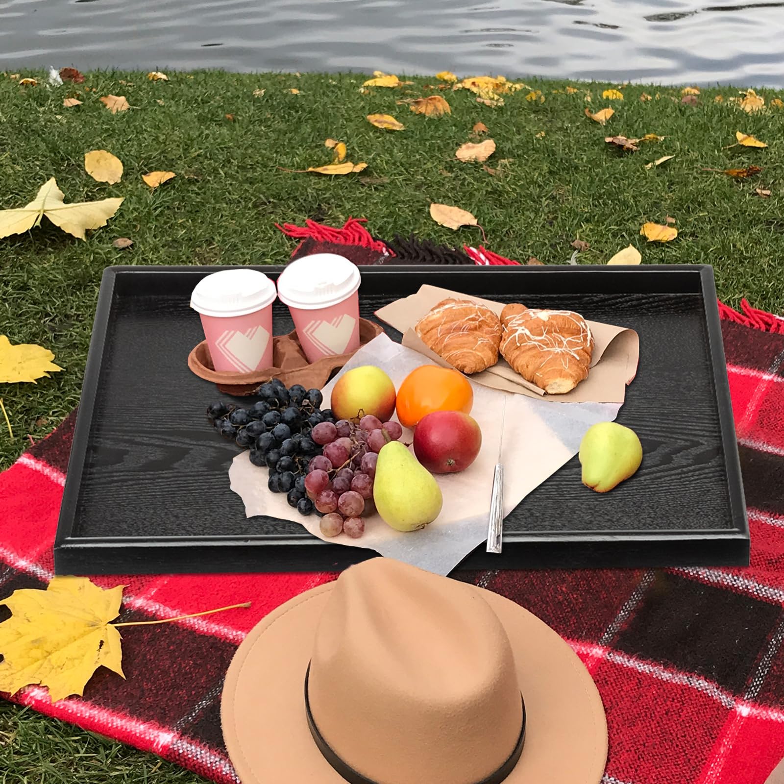 28 x 18 Inches Extra Large Solid Wood Serving Tray for Tea Coffee Table Snack Food Meals Serving Plate Kitchen Party Bar Breakfast Server with Raised Edges Black Wooden Decorative Ottoman Tray