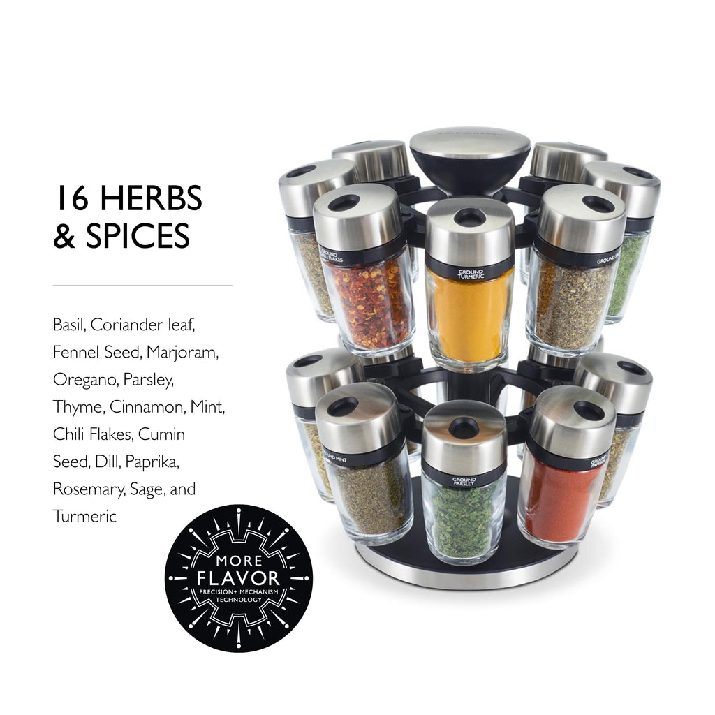 Cole & Mason 16 Herb & Spice Carousel - Rotating Spice Rack - Metal Two-Tier Organizer - Lazy Susan Style - Stainless Steel/Black, 10 inch