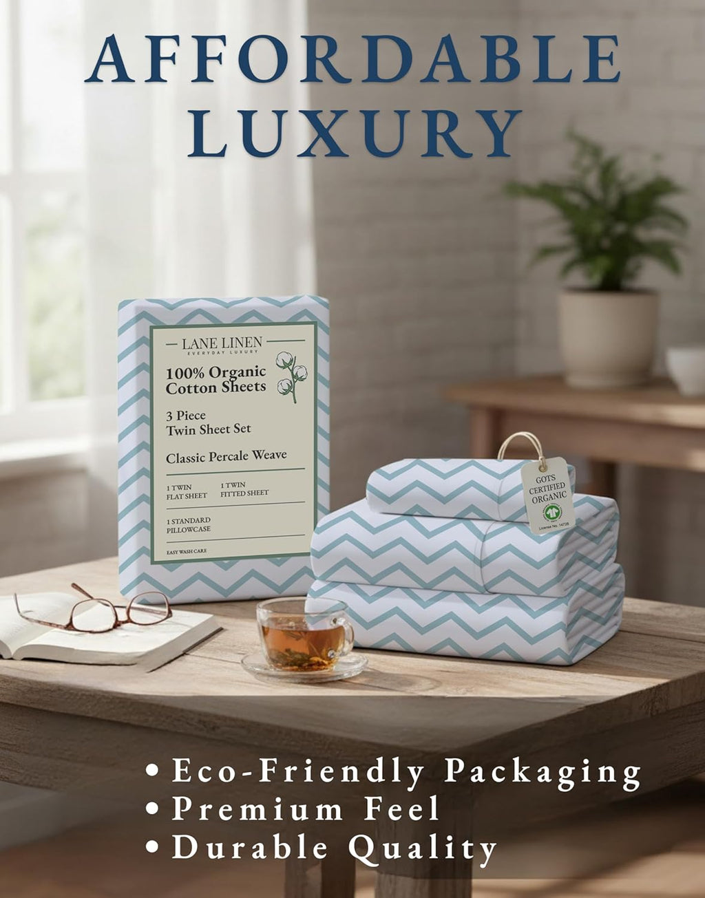 **LANE LINEN 100% Organic Cotton Twin Bed Sheets - Naturally Cooling, Deep Pocket, Eco-Friendly Chevron Design**