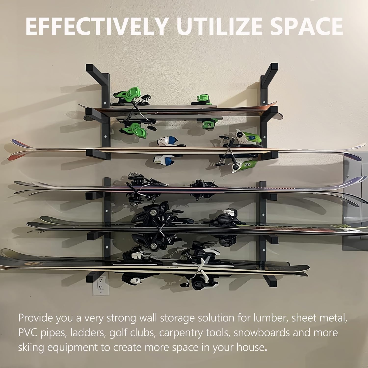 Wood Storage Racks - 3-Level Wall-Mounted Organizer by [Brand Name] | Durable Metal Lumber Shelving (Black - 4 Pack)