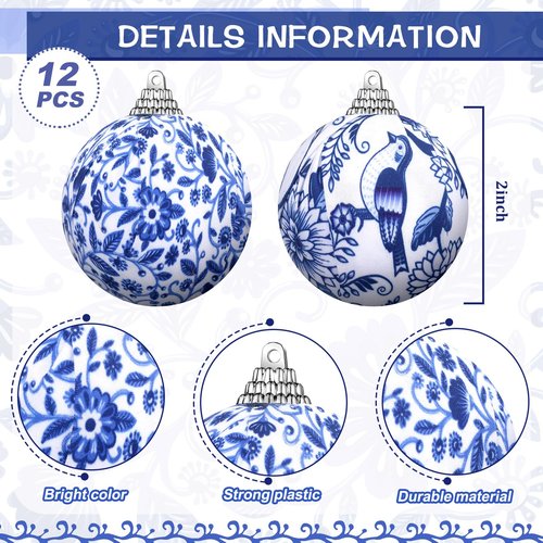 Preboun 12 Pcs Christmas Chinoiserie Ball Ornaments Blue and White Chinoiserie Tree Decoration Christmas Tree Hanging Ornaments Fabric Wrapped Home Xmas Decor for Modern Party (Blue,1.97 Inch)