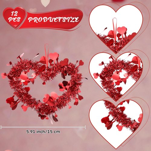 Lyrow 12 Pcs Red Valentine Heart Tree Ornaments Valentine Heart Wreaths Tinsel Hanging Love Decorations Romantic Tree Ornaments for Wedding Window Home Wall
