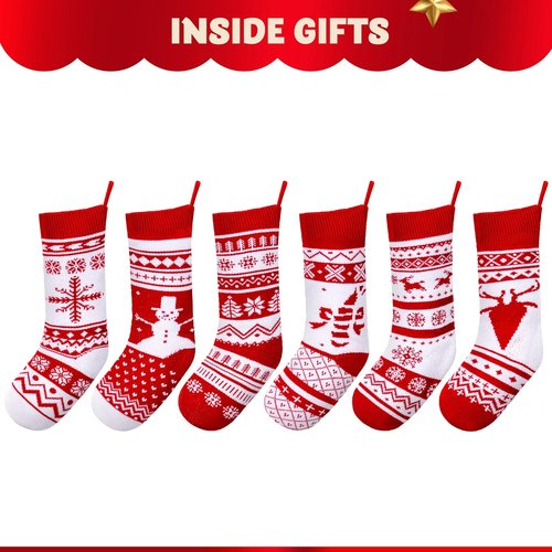 JOYIN 6 Pack Christmas Knit Stockings - Large Rustic Yarn Design with Snowflake & Reindeer | 18" Holiday Decor