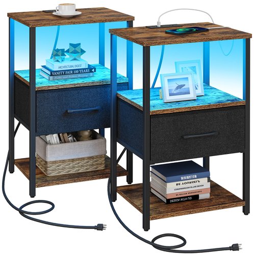 TUTOTAK LED Nightstand Set of 2, Night Stand with Charging Station, End Table, Bedside Table with Fabric Drawer, Side Table for Livingroom and Bedroom, Brown TB01BB0692L