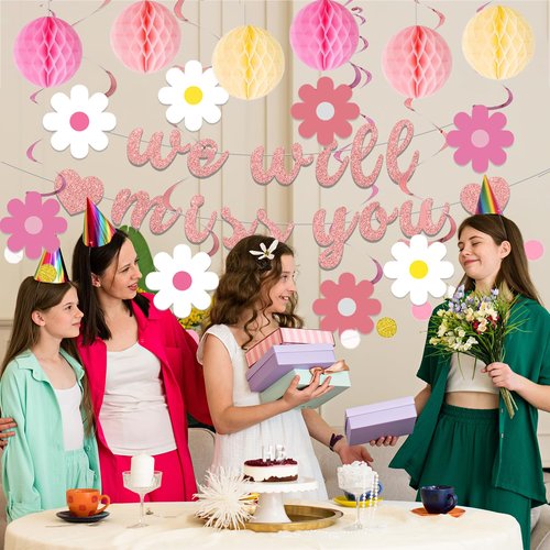 Roetyce Farewell Party Decorations Women, Pink We Will Miss You Banner Honeycomb Balls Hanging Swirls, Rose Gold Flower Theme Going Away Leaving Goodbye Party Supplies, Retirement Photo Background