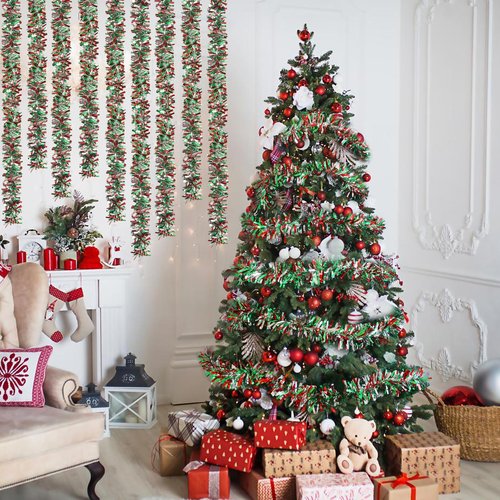 CCINEE 32.8 Feet Christmas Tinsel Garland,Metallic Tinsel Twist Garland Shiny Hanging Decoration for Party Supplies Xmas Tree Home Stairs Indoor Outdoor Decor(Red Green Sliver)