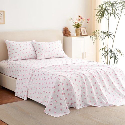 Nayoroom Twin Sheet Set - Cute Pink Bow Bed Sheets Set for Kids Girls, 3 Pieces Soft Microfiber Heart Bed Set with 1 Deep Pocket Fitted Sheet, 1 Flat Sheet, 1 Pillowcase