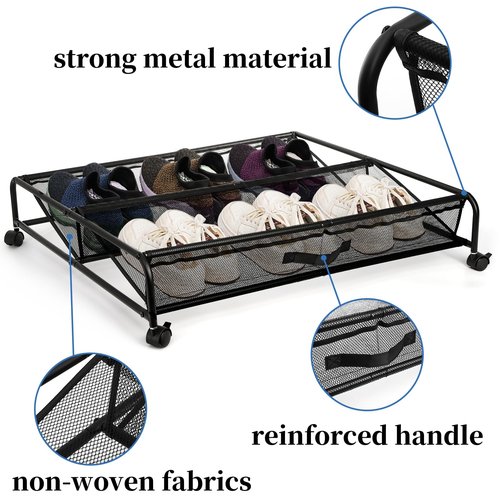 Goaste Under Bed Shoe Storage Organizer with Wheels, Rolling Underbed Storage Containers, Metal Shoe Rack Drawer Space Saving for Bedroom Organization, Shoes, Toys (Black)