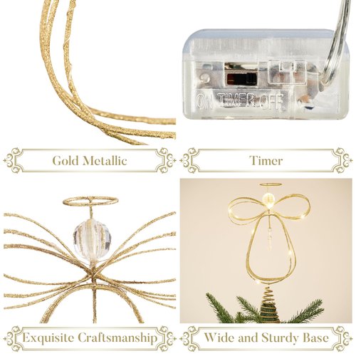 Valery Madelyn Lighted Christmas Tree Topper Angel with Timer, 10 Inch Pre-Lit Gold Metal Small Angel Tree Topper with Lights for Christmas Tree Decoration Indoor, Battery Operated, Valentines Gifts