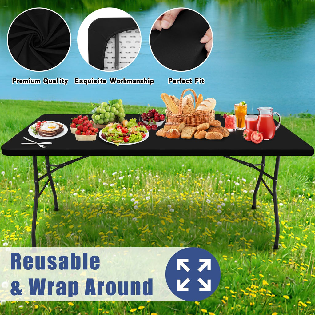 Moosfor Spandex 4 Foot Rectangle Table Cloth 2 Pack, Elastic Fitted Tablecloths for Picnic, Stretch Washable Patio Table Cover for Outdoor, Camping, Banquet and Parties (Black, 30"x48")