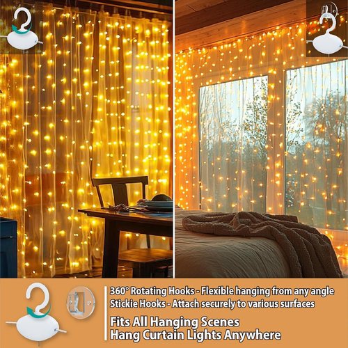 HXWEIYE 300LED Fairy Curtain Lights - 9.8x9.8Ft USB Plug-In with Remote | 8 Modes Warm White Indoor Decor