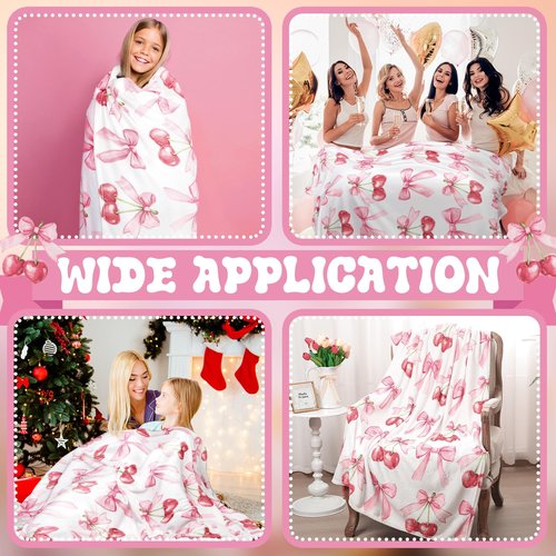 HunnmingRe Pink Bow Cherry Blanket Coquette Soft Flannel Lightweight Blanket Bows Aesthetic Preppy Cute Fuzzy Room Decor for Spring Mother's Day Bedroom Sofa Travel Bed, 50 x 60 Inch