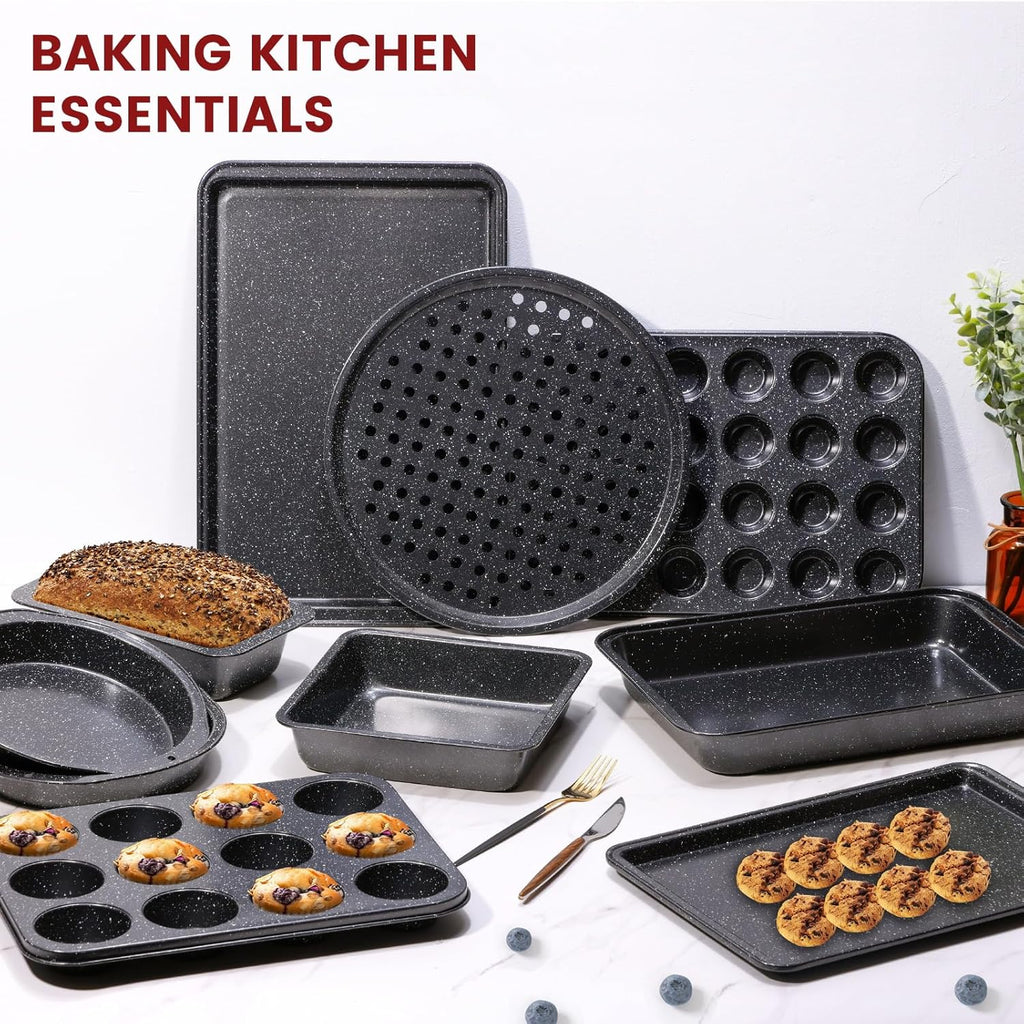 Terlulu 10-Piece Nonstick Baking Pans Set - Versatile Bakeware for Oven Cooking | Carbon Steel, Black