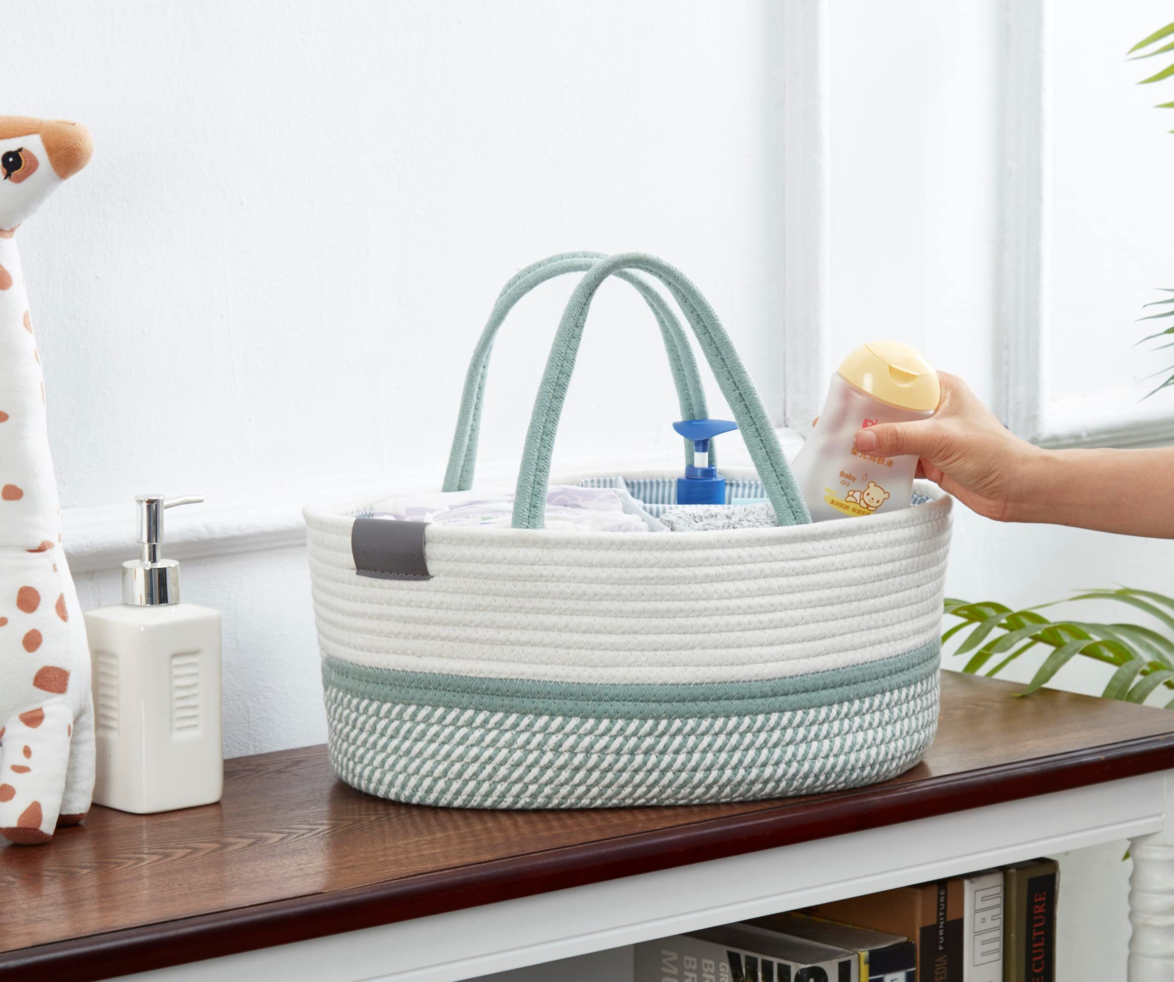 DECOMOMO XL Baby Caddy Organizer, Diaper Caddy Basket, Baskets for Baby Shower Gifts (Sage Green & White, Extra Large)
