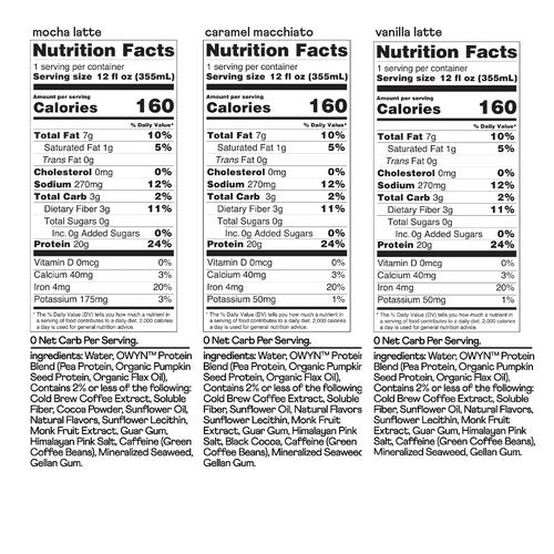 OWYN Only What You Need Double Shot Mocha Latte, Vanilla Latte and Caramel Macchiato Flavored Protein Shake, 20g Protein, 0g Sugar, 3g Fiber, 180mg Caffeine, Dairy Free, Plant Based Protein, 12 CT
