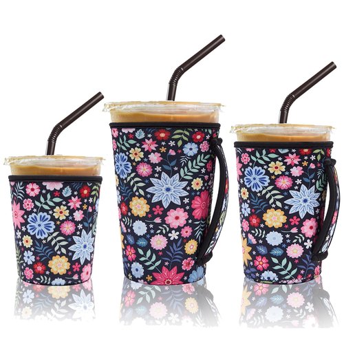 3 Pack Iced Coffee Sleeve Insulator Sleeves for Cold Drinks Beverages Reusable Neoprene Cup Sleeve with Handle Cup Holder for Starbucks Coffee, Dunkin Coffee, More (Black flower)