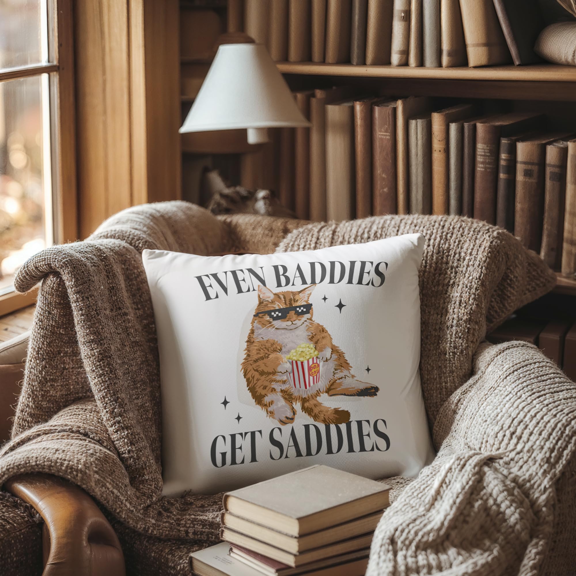 OFJE Mental Health Gifts Throw Pillow Covers case 18x18 for Therapy Therapist Office Decor，self Care Gifts，Anxiety Relief，Psychology Gifts，Depression self Help,Even Baddies Get Saddies Funny Cat Meme