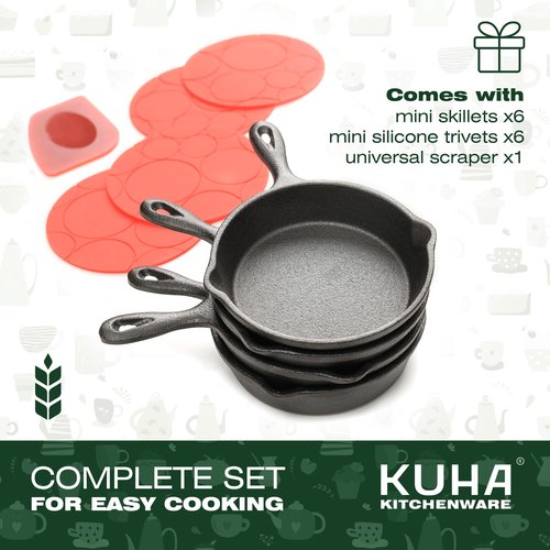 KUHA Mini Cast Iron Skillets 4' (Pack of 6) - Black Non Stick Frying Pans with 6 Small Silicone Trivets and Scraper - Set of Miniature Skillets, Small Frying Pan Skillet with Lid