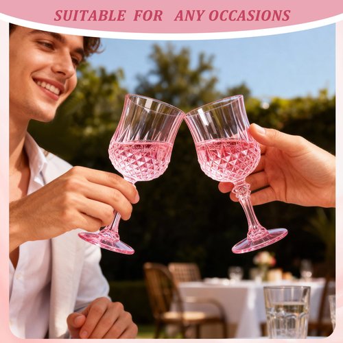 HTTBEIZI 7OZ Plastic Wine Glasses, Reusable Vintage Goblets Unbreakable Drinking Glasses Crystal Water Cups Champagne for Wedding, Parties, Easter (24, Pink)