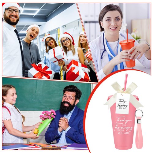 Tioncy 50 Sets Group Appreciation Gifts 24oz Plastic Appreciation Tumblers with Lids Straws Keychains Cards Thank You Cups for Office Employee Staff Teacher Team-building Graduation Gifts(Fresh)