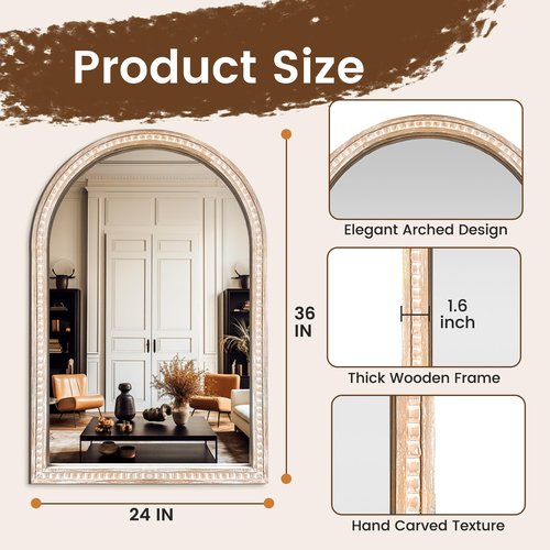 AMOISE Arched Vanity Wall Mirror 36 x 24 Inch Beaded Wood Frame Boho Farmhouse Decorative Mirror for Bathroom Bedroom Entryway Living Room