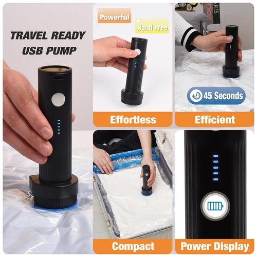 Roomimaster Travel Vacuum Storage Bags with Electric Pump, 12 Combo Travel Packing Bags for Luggage and Suitcase, Carry-on Size Compression Space Saver for Clothes and Clothing