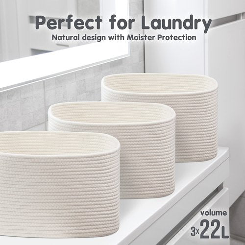 CHAT BLANC Cotton Rope Baskets for Organizing | Storage Baskets for Shelves | Rope Basket for Storage, Small Laundry Baskets, Woven Baskets for Storage, Dog Toy Bin, Baby Basket, Creamy White 3 Pack
