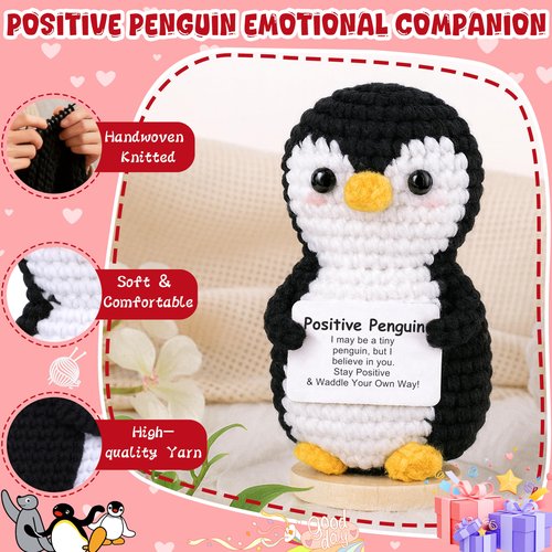JoycuFF Mini Positive Crochet Penguin, Funny Graduation Birthday Gifts for Women Men Friend Daughter Coworker, Valentines Day Emotional Cute Penguin Present