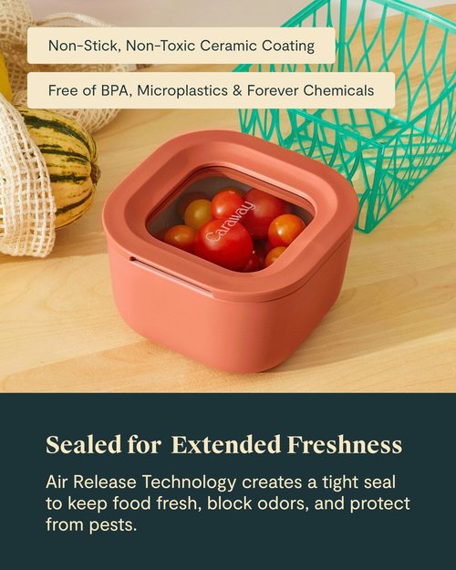 Caraway Mini Square Food Storage Container - 1.75 Cup Glass Storage Container for Food - Non-Toxic Ceramic-Coated Glass - Air Release Technology - Compact & Stackable Design - Cream